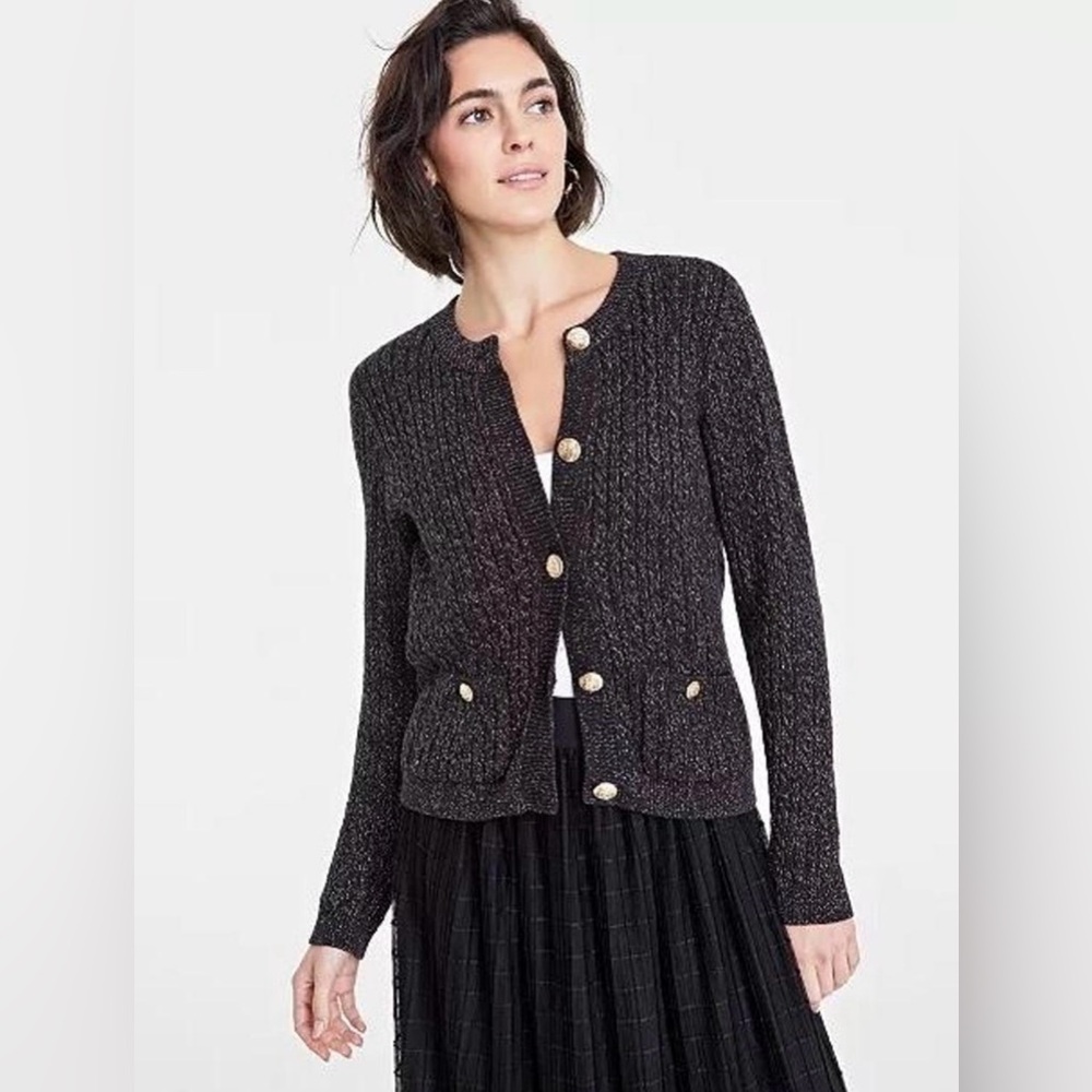 Women's On 34th Metallic Cable-Knit Sweater Jacket For Macys Medium Classy Chic